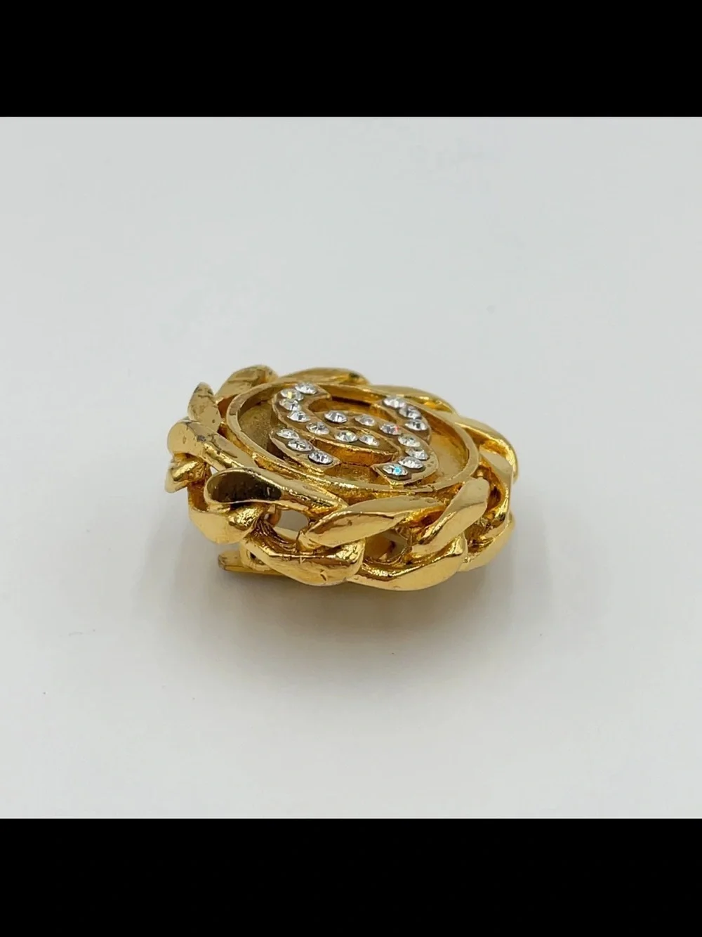 CHANEL Vintage Coco Mark Round 23GP Rhinestone 29.29g Clip Earrings